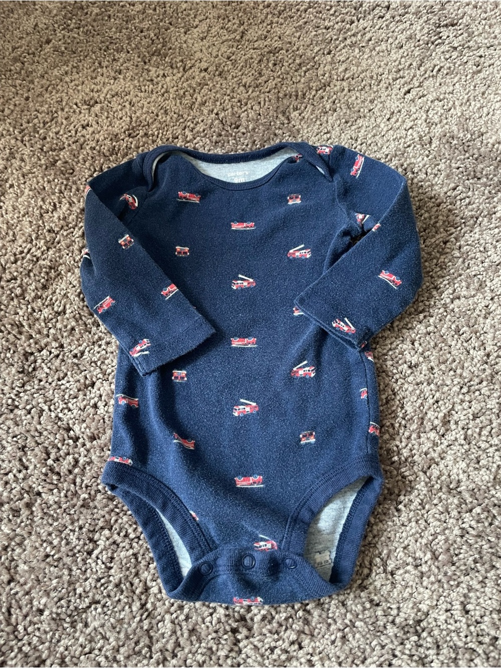 Carter's Navy Long-Sleeve One-Piece with Red Fire Truck Print